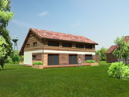 Wizualizacja dwukondygnacyjnego domu z drewnianą elewacją, czerwoną dachówką i tarasem, na tle zielonego trawnika i bocianiego gniazda.