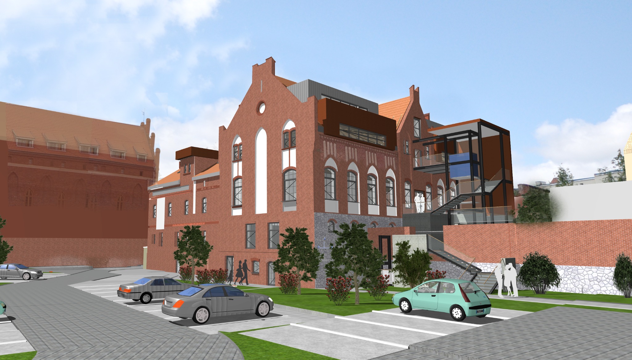 Wizualizacja zewnętrzna budynku z czerwonej cegły z nowoczesną dobudówką, widok z parkingu z samochodami i zielenią.