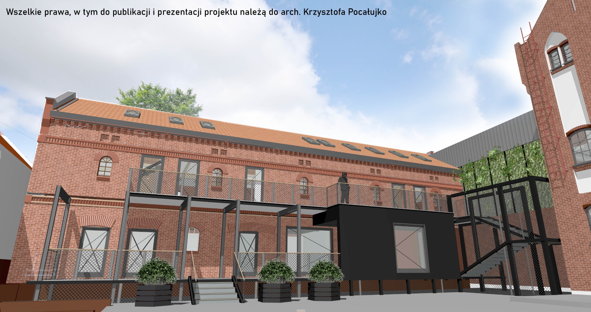Wizualizacja budynku z czerwonej cegły z balkonami i nowoczesną dobudówką, widoczna sylwetka osoby na balkonie, zieleń w donicach.