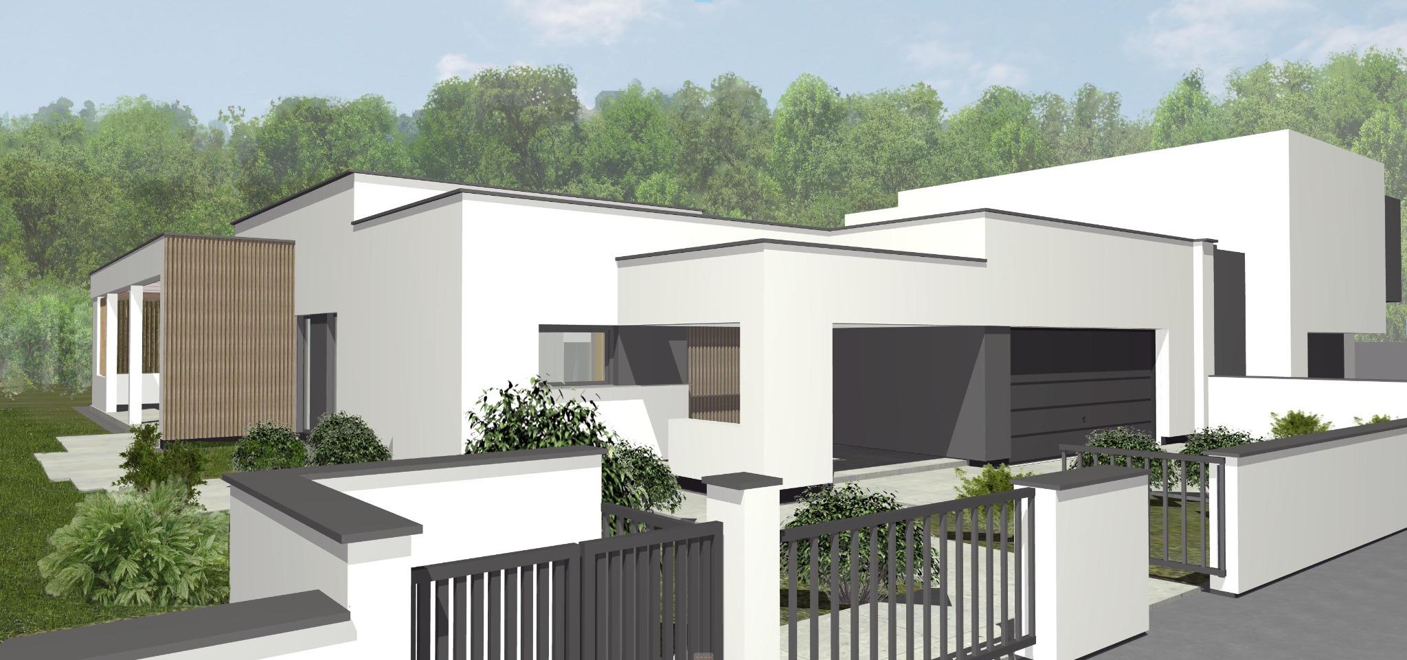 Wizualizacja nowoczesnego domu jednorodzinnego z płaskim dachem, drewnianą fasadą i szarą bramą garażową, otoczonego niskim ogrodzeniem i zielenią.