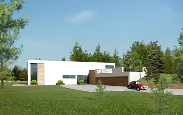 Wizualizacja nowoczesnego, białego domu z płaskim dachem, dużymi oknami i garażem z drewnianą bramą, otoczonego zielonym trawnikiem i drzewami, z czerwonym samochodem zaparkowanym na podjeździe.