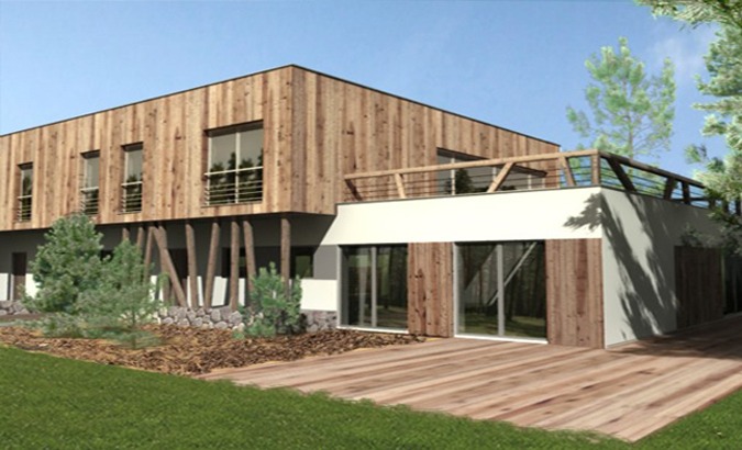 Wizualizacja nowoczesnego domu z drewnianą elewacją, płaskim dachem z balustradą i tarasem z desek.