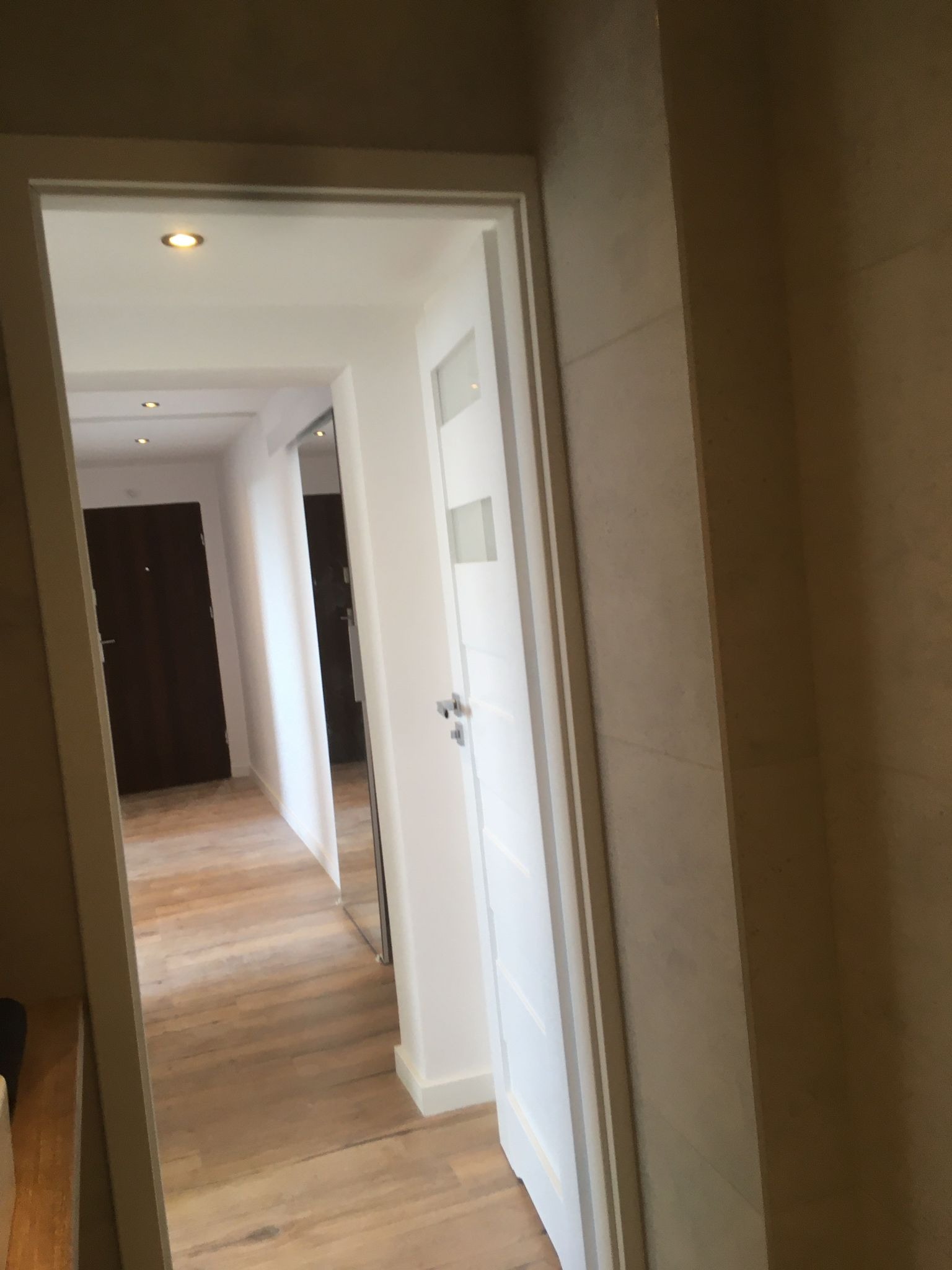 Wnętrze mieszkania z widokiem na przedpokój, z drewnianą podłogą, białymi ścianami i wbudowaną szafą z lustrzanymi drzwiami, widziane z perspektywy innego pomieszczenia przez otwarte, białe drzwi.