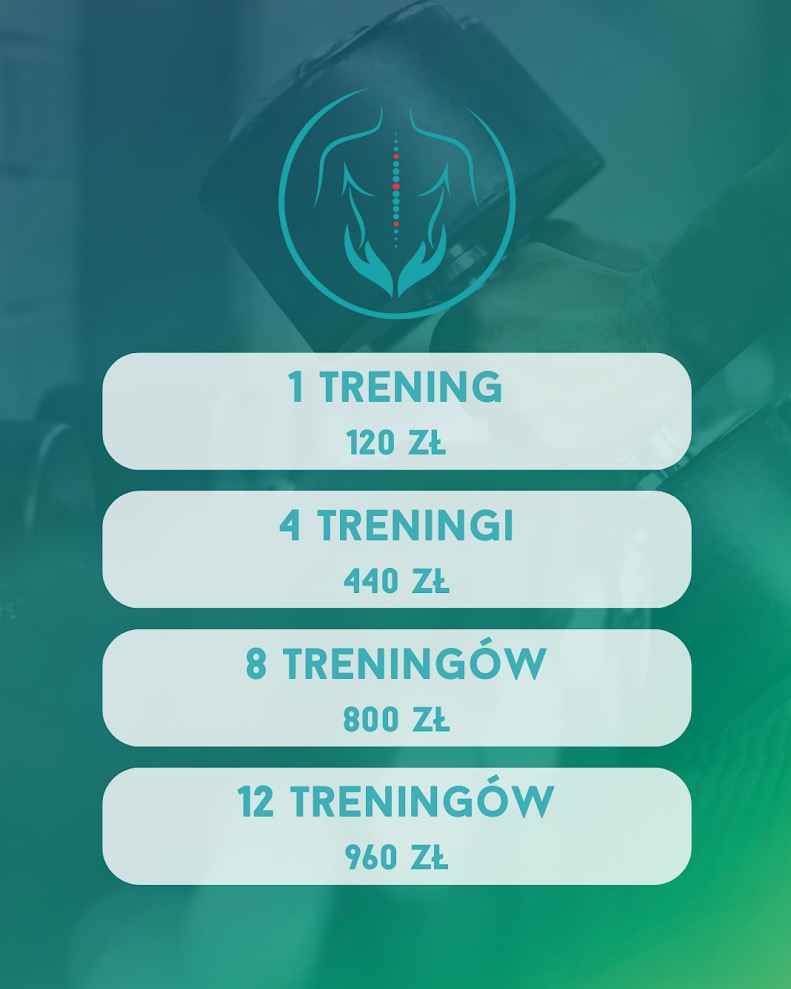 Grafika cennika treningów personalnych z sylwetką człowieka w logo na tle hantli.