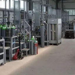 Magazyn butli z gazami technicznymi, głównie szare butle z zielonymi górnymi częściami, ustawione w metalowych regałach i kontenerach, z widoczną wagą 1459kg na jednym z regałów.