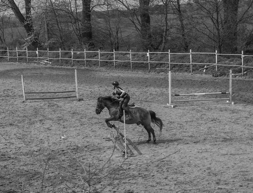 Czarno-białe zdjęcie jeźdźca na koniu pokonującego przeszkodę na piaszczystym terenie treningowym, z widocznym ogrodzeniem w tle.