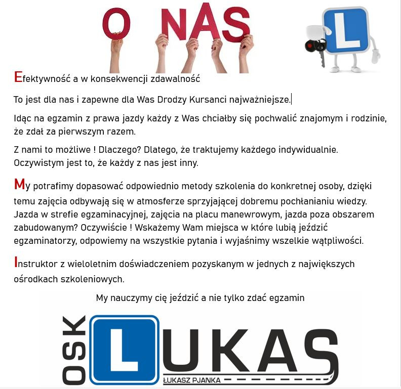 Reklama szkoły nauki jazdy: dłonie trzymają czerwone litery układające się w napis 'O NAS', obok animowana litera 'L' z kierownicą, poniżej tekst o efektywności i zdawalności, na dole logo OSK Lukas