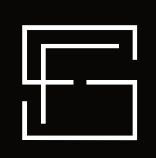 Graficzne logo w postaci białych, geometrycznych linii tworzących abstrakcyjny wzór na czarnym tle.