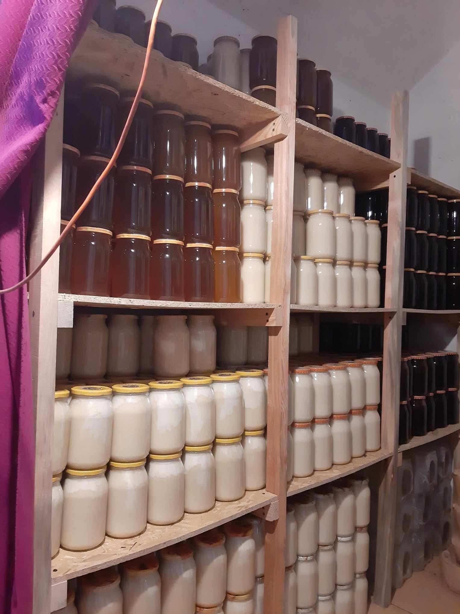 Słoiki z miodem o różnej barwie, ułożone na drewnianych regałach w chłodnym pomieszczeniu, z fioletową zasłoną w lewym górnym rogu.