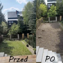 Zdjęcie porównawcze 'przed i po' ukazujące transformację ogrodu: zarośnięty trawnik z lewej strony kontra świeżo przygotowany teren pod trawnik z rolki z prawej strony, widoczne pniaki po wycince...