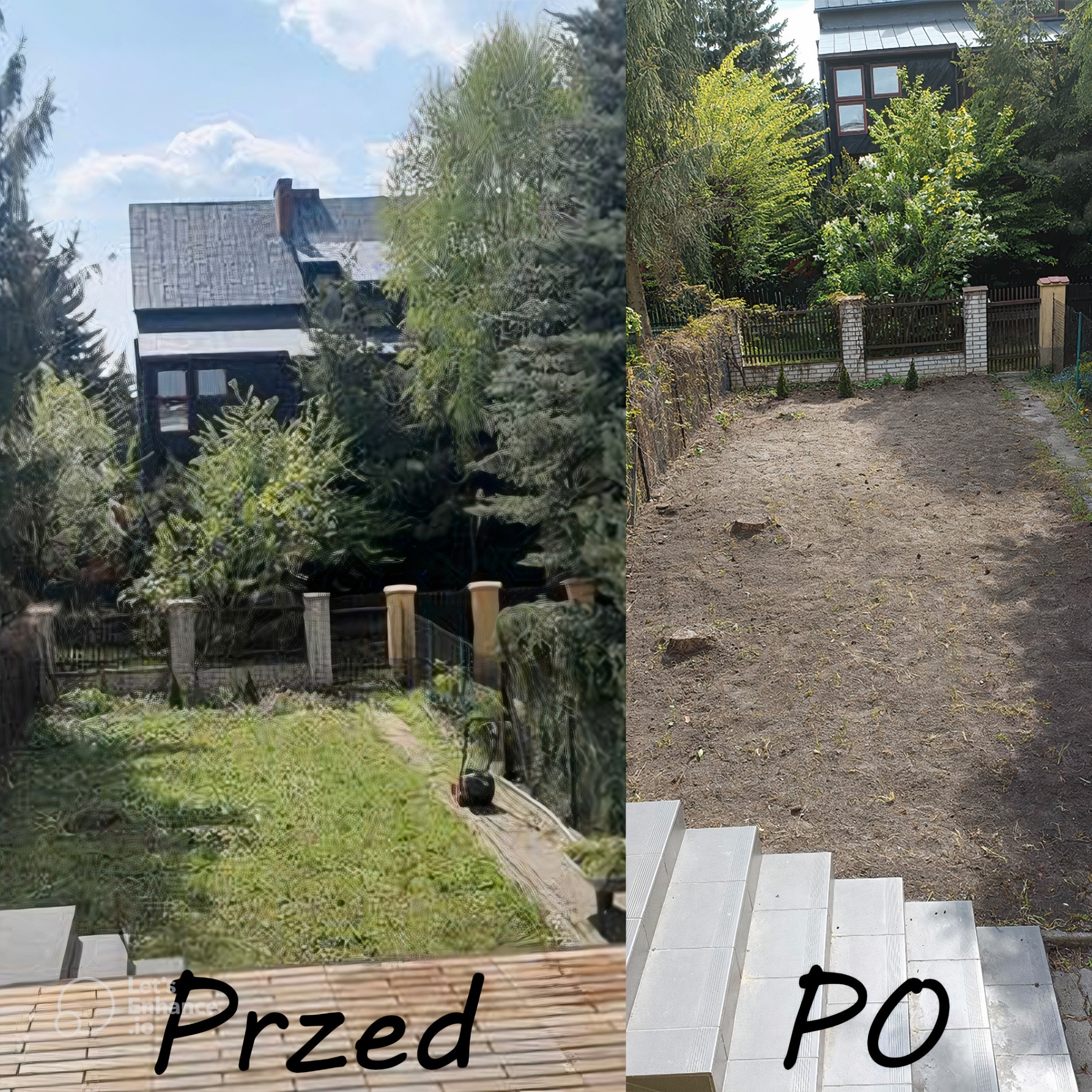 Zdjęcie porównawcze 'przed i po' ukazujące transformację ogrodu: zarośnięty trawnik z lewej strony kontra świeżo przygotowany teren pod trawnik z rolki z prawej strony, widoczne pniaki po wycince...