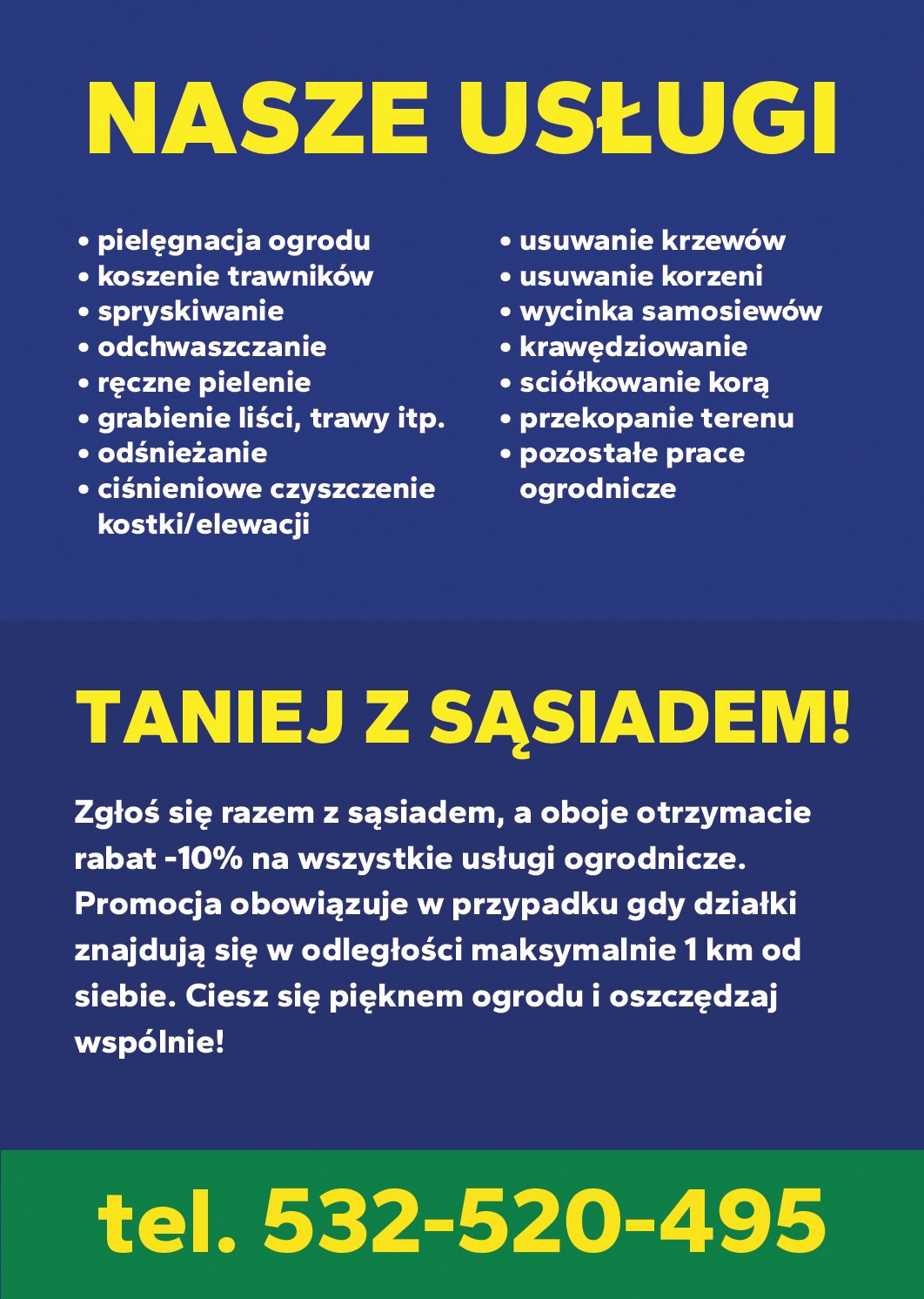 Plakat reklamowy z listą usług ogrodniczych i promocją dla sąsiadów, oferujący rabat -10% przy zgłoszeniu wspólnym, z podanym numerem telefonu.