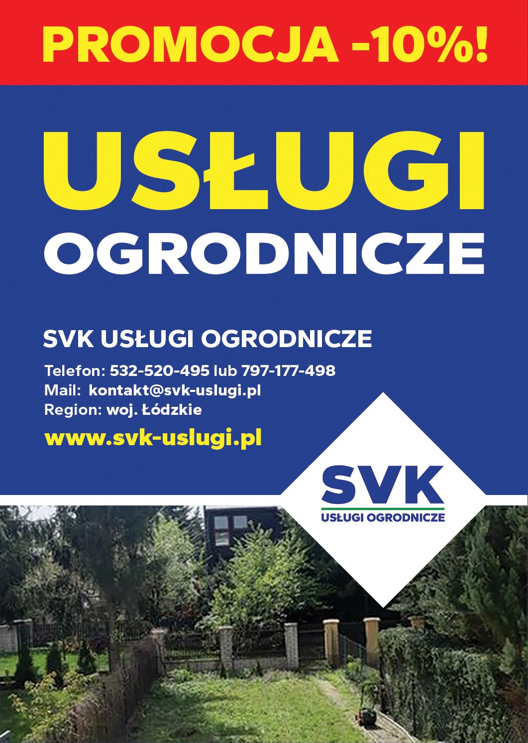 Baner reklamowy z napisem 'Usługi Ogrodnicze' i logo firmy SVK, prezentujący kontaktowe dane i adres strony internetowej, z widokiem fragmentu ogrodu w tle.