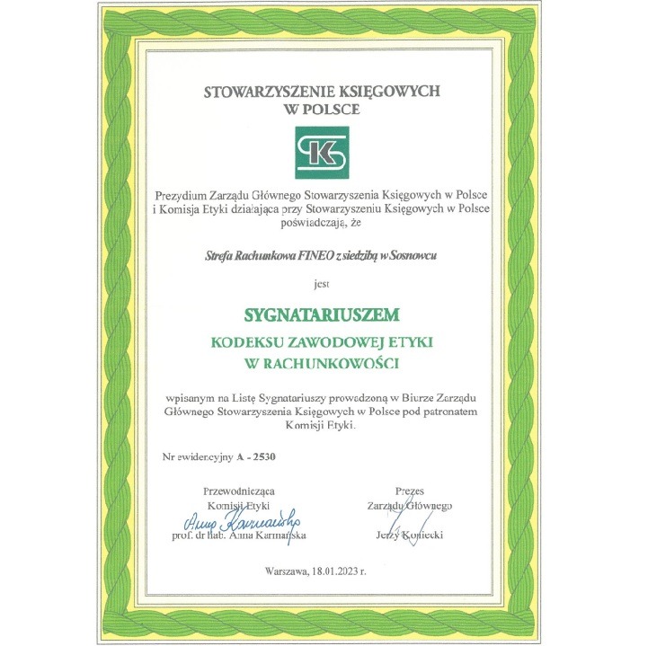 Certyfikat Sygnatariusza kodeksu zawodowej etyki dla biura rachunkowego Strefa Rachunkowa FINEO