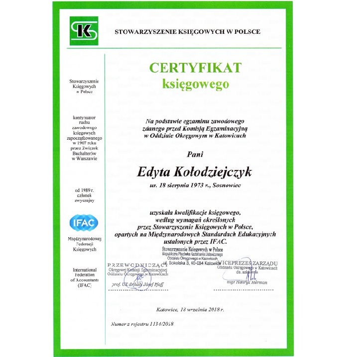 Certyfikat księgowego dla Edyty Kołodziejczyk ze Stowarzyszenia Księgowych w Polsce