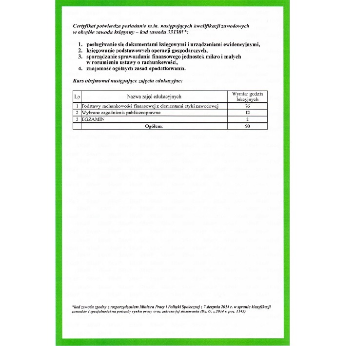 Certyfikat księgowego dla Edyty Kołodziejczyk ze Stowarzyszenia Księgowych w Polsce str.2