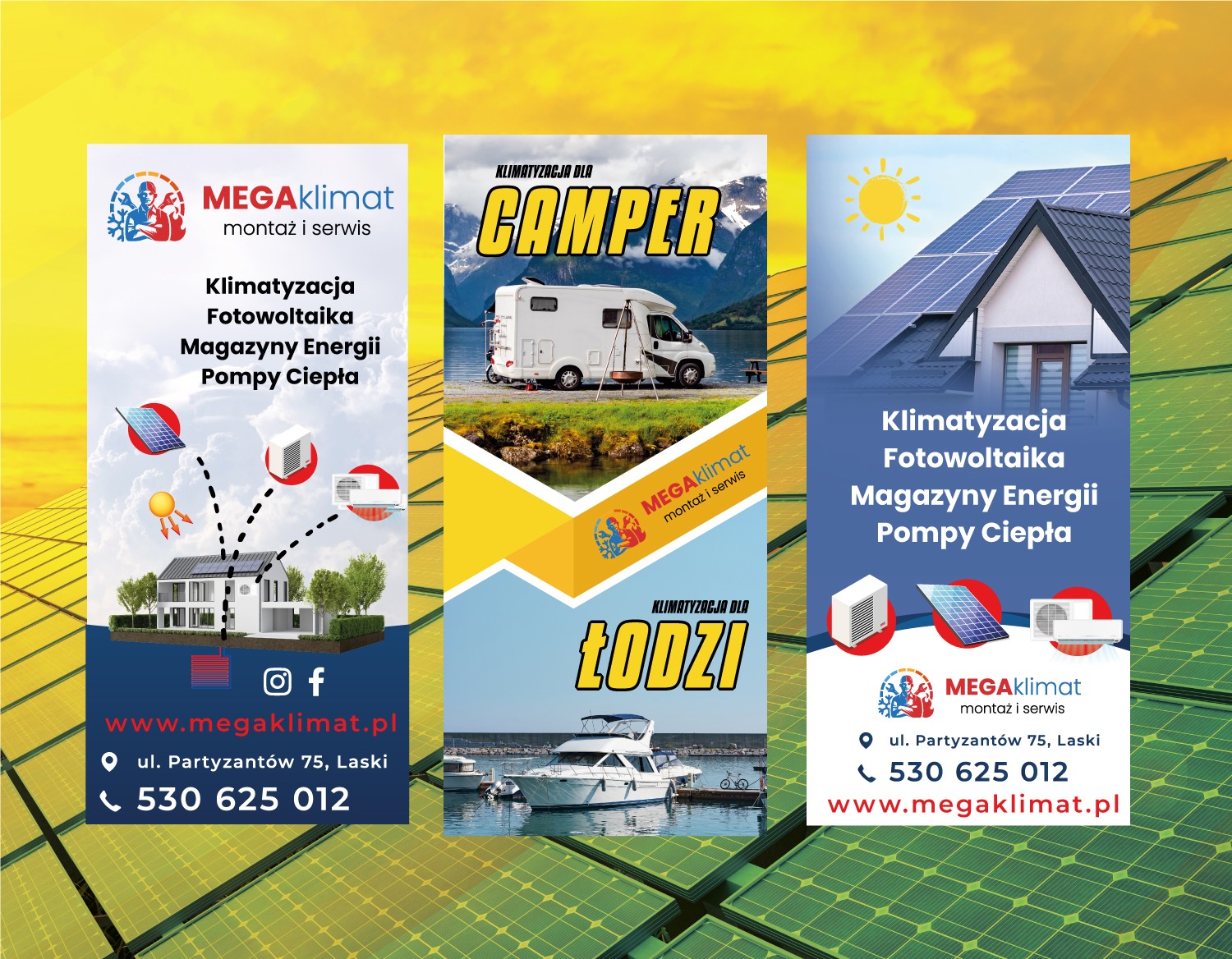 Baner reklamowy firmy Mega Klimat z Lasek oferującej klimatyzację, fotowoltaikę, magazyny energii i pompy ciepła. Baner przedstawia klimatyzację dla campera, łodzi oraz domu z panelami...