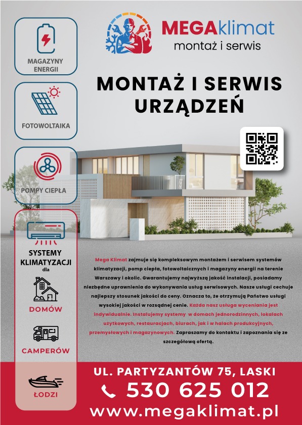 Grafika reklamowa firmy Mega Klimat prezentująca montaż i serwis urządzeń: magazyny energii, fotowoltaika, pompy ciepła i systemy klimatyzacji dla domów, camperów i łodzi, z nowoczesnym budynkiem...