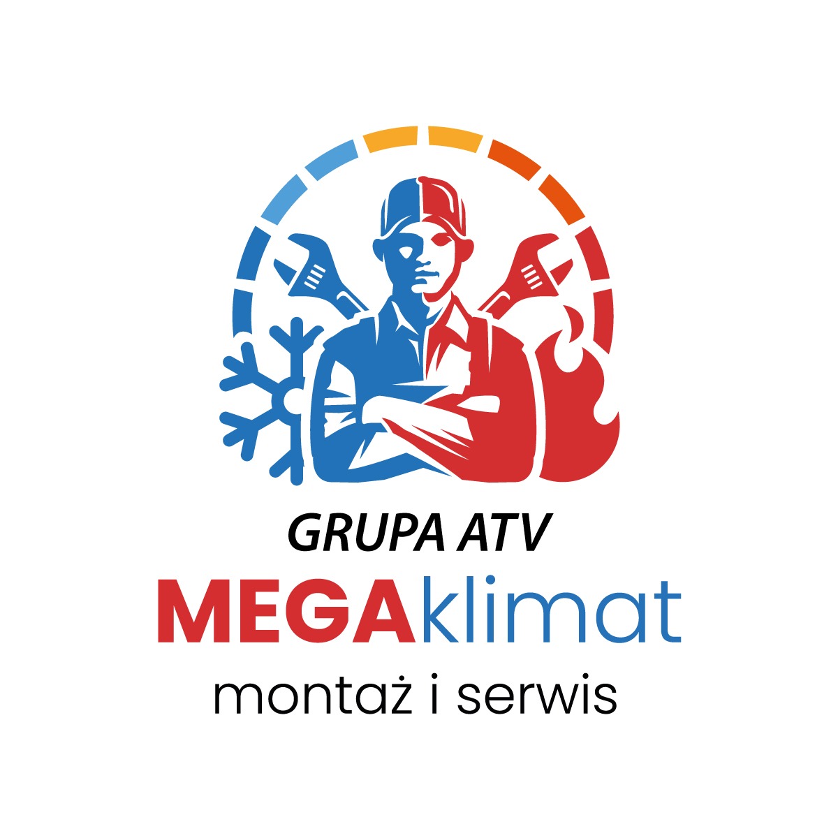 Logo firmy Grupa ATV MEGAklimat z Lasek, oferującej montaż i serwis, przedstawiające postać w kasku z kluczami i symbolem płomienia oraz śnieżynki.