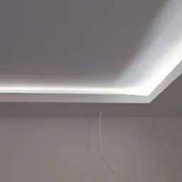 Nowoczesny sufit podwieszany z oświetleniem LED w narożniku, widoczne wystające przewody elektryczne i otwór w ścianie