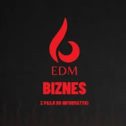 Czerwone logo EDM Biznes na czarnym tle z hasłem 'Z pasji do informatyki'.
