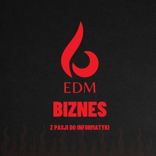 Czerwone logo EDM Biznes na czarnym tle z hasłem 'Z pasji do informatyki'.