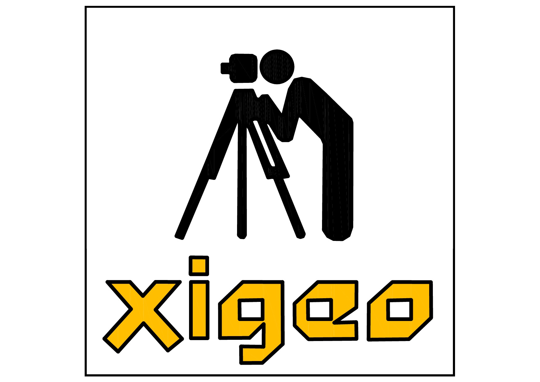 Czarno-żółty logo firmy geodezyjnej z sylwetką geodety pracującego z niwelatorem na statywie i nazwą firmy 'xigeo' w geometrycznym kroju pisma.