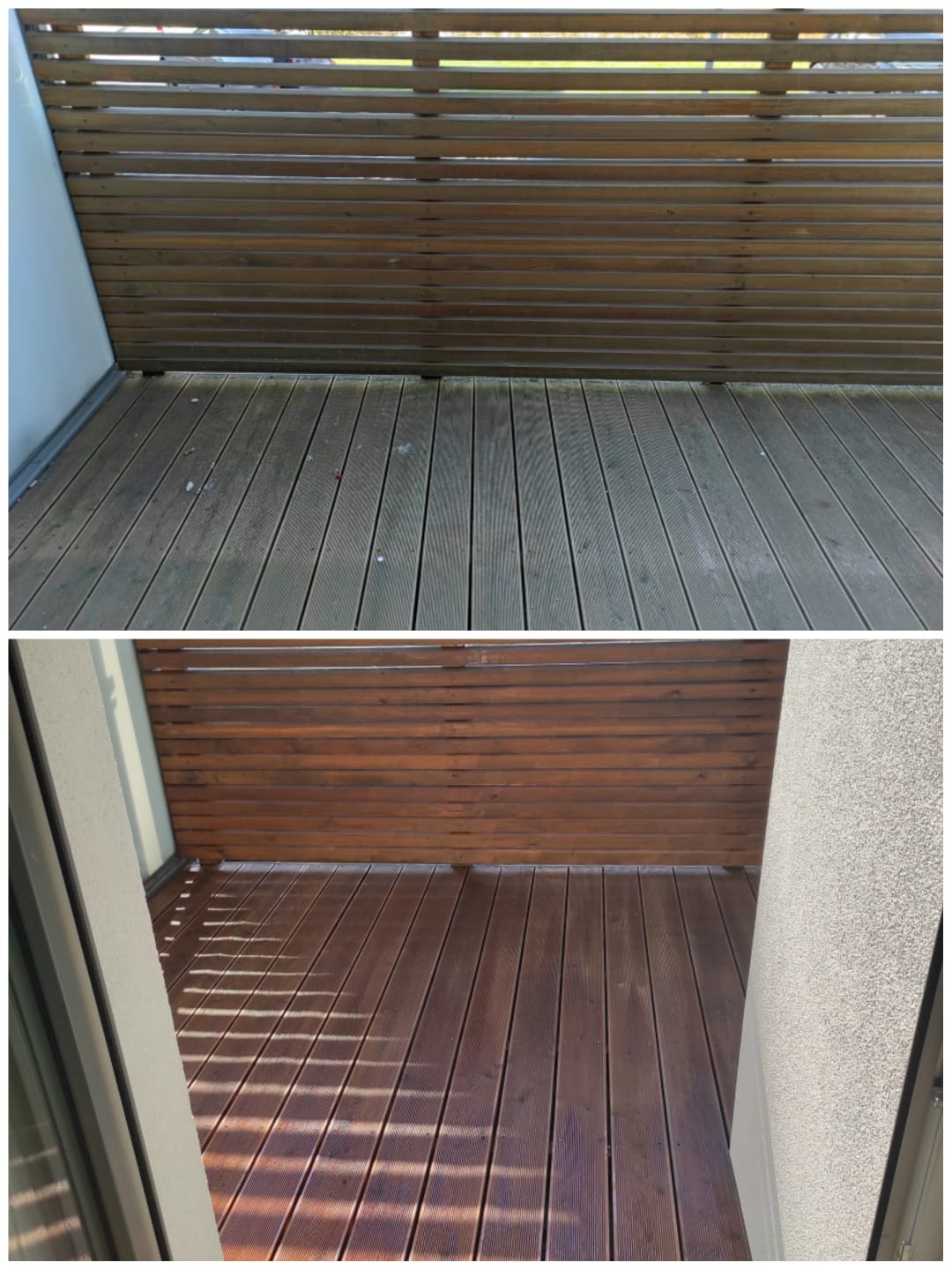 Porównanie stanu drewnianej podłogi tarasu przed i po renowacji, widoczne różnice w kolorze i czystości drewna, z fragmentem drewnianej balustrady w tle.