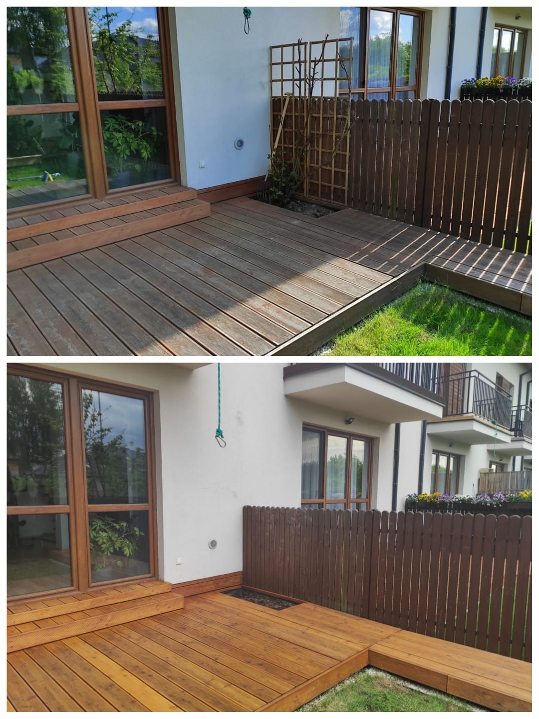 Drewniany taras przylegający do domu z widocznymi schodami wejściowymi i fragmentem trawnika, ogrodzony niskim drewnianym płotkiem i kratką na pnącza.