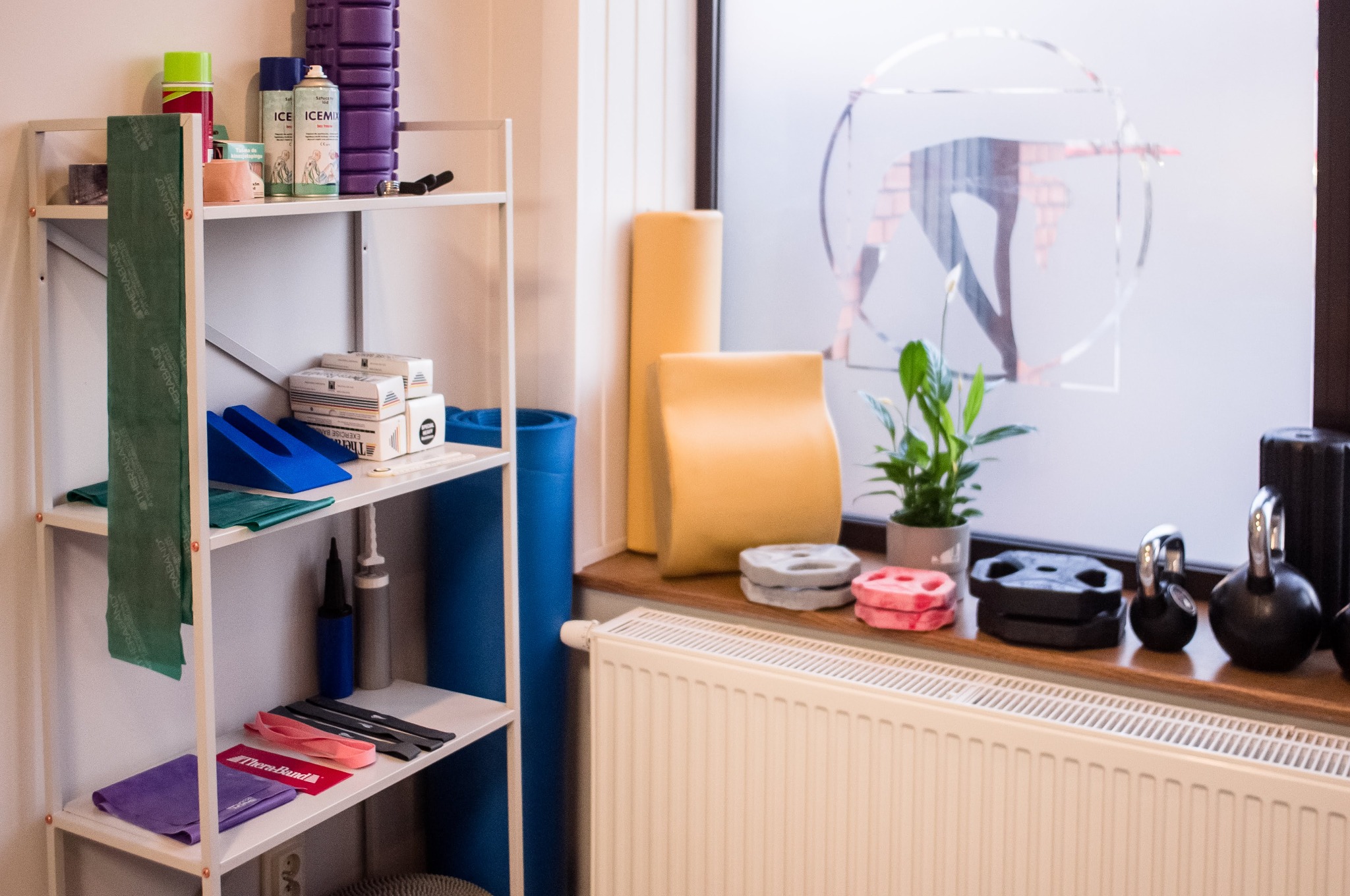 Półka z akcesoriami do fizjoterapii: taśmy TheraBand, wałki, kliny, obciążenia, na parapecie ciężarki kettlebell i roślina doniczkowa, w tle okno z motywem ćwiczącej sylwetki.