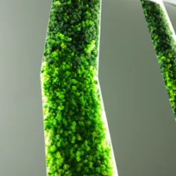 Fragment dekoracji ściennej z mchu stabilizowanego, podświetlonej ledowym światłem, wkomponowanej w białą konstrukcję z płyt.