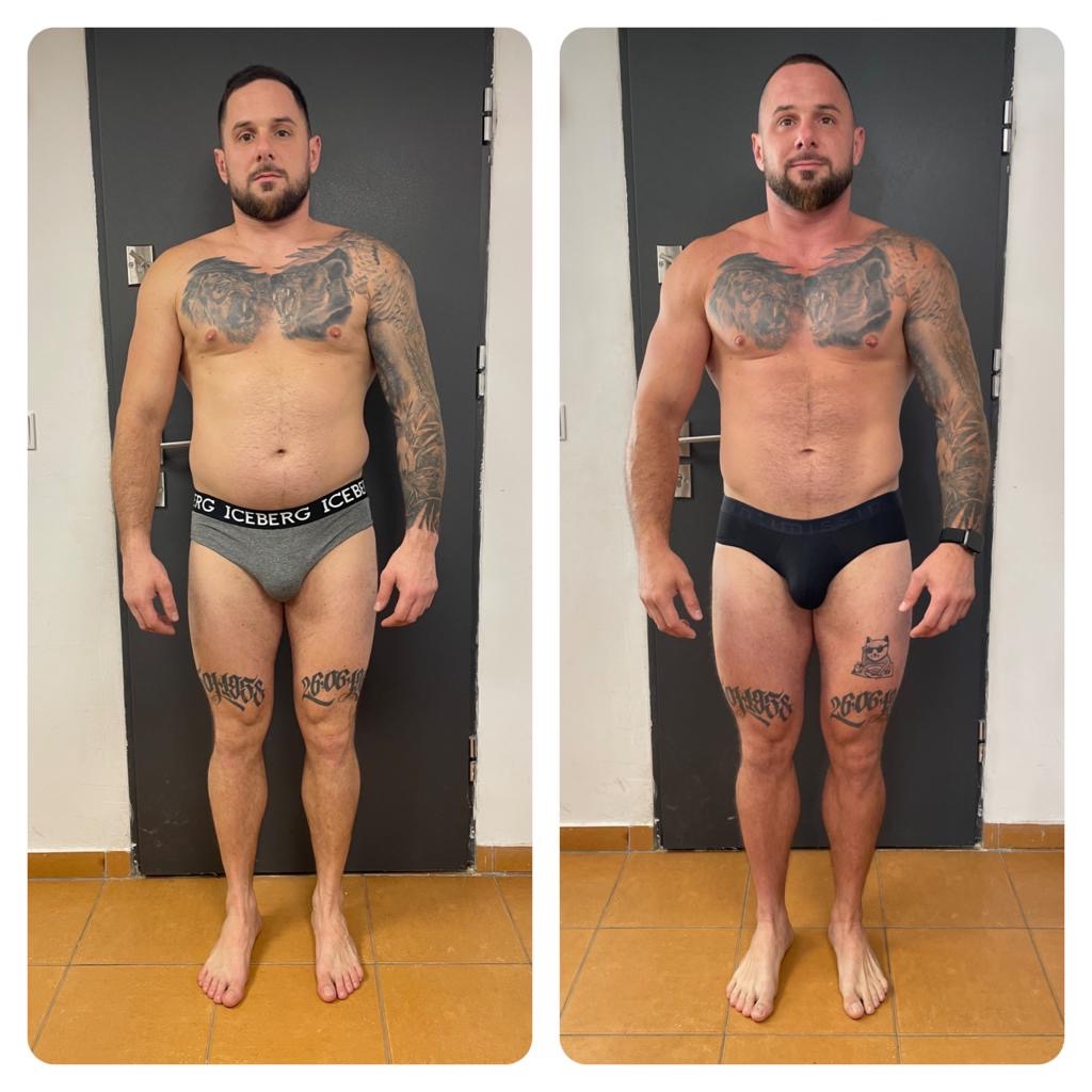 Mężczyzna przed i po metamorfozie sylwetki, widoczne zmiany w muskulaturze i redukcji tkanki tłuszczowej, tatuaże na klatce piersiowej i nogach.