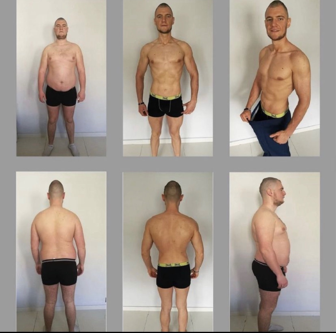 Mężczyzna prezentujący transformację sylwetki: seria zdjęć przed i po zmianie, widoczne zmniejszenie obwodu w pasie i poprawa muskulatury.