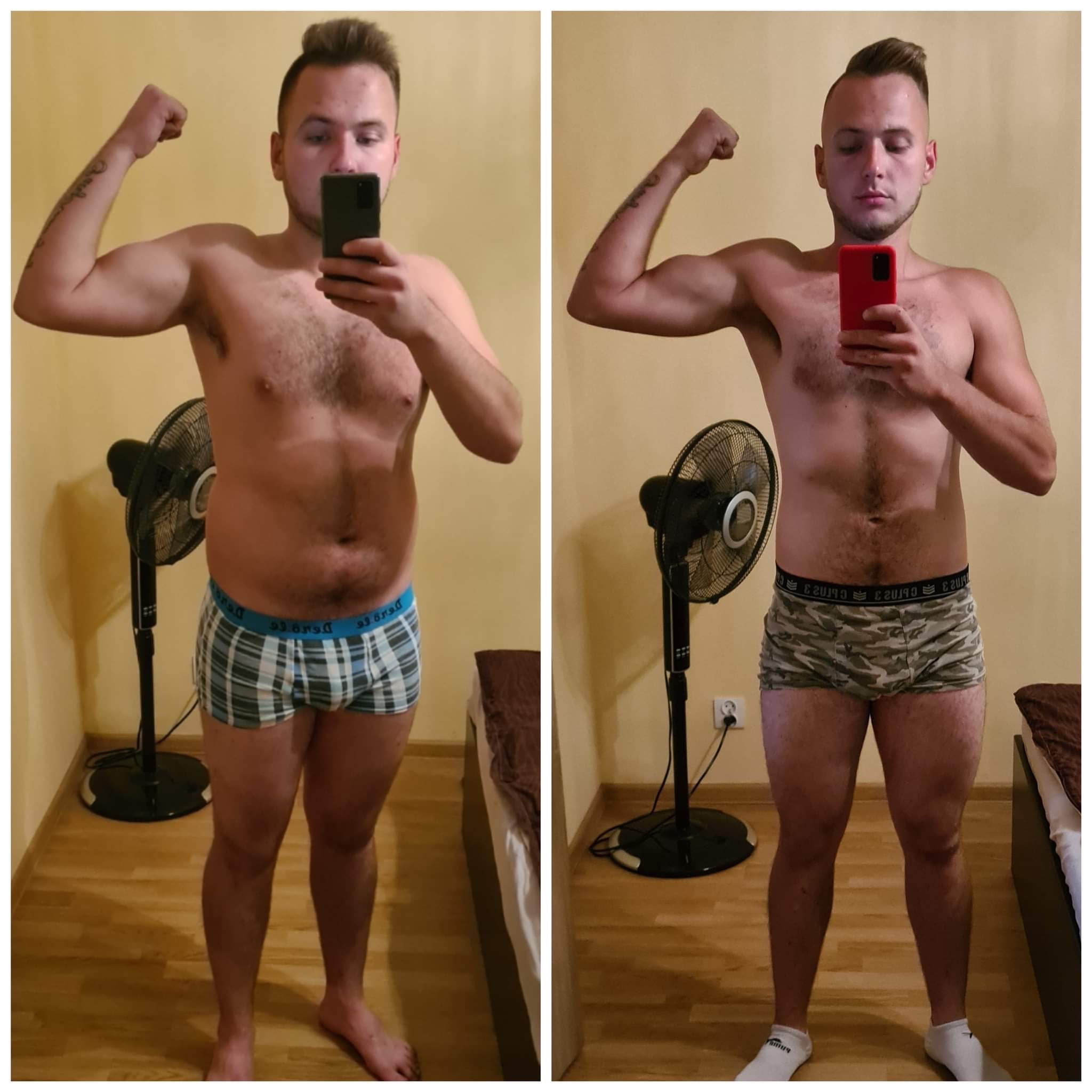 Mężczyzna pozujący do zdjęcia typu 'przed i po' z napiętymi bicepsami, prezentujący efekty redukcji wagi i treningu siłowego; po lewej stronie sylwetka przed, po prawej sylwetka po, widoczna...