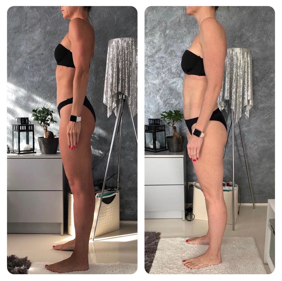 Kobieta w czarnym bikini, widok z boku, prezentująca sylwetkę przed i po, z widocznym zegarkiem sportowym na nadgarstku, stojąca na białym dywanie, z lampą i rośliną w tle.
