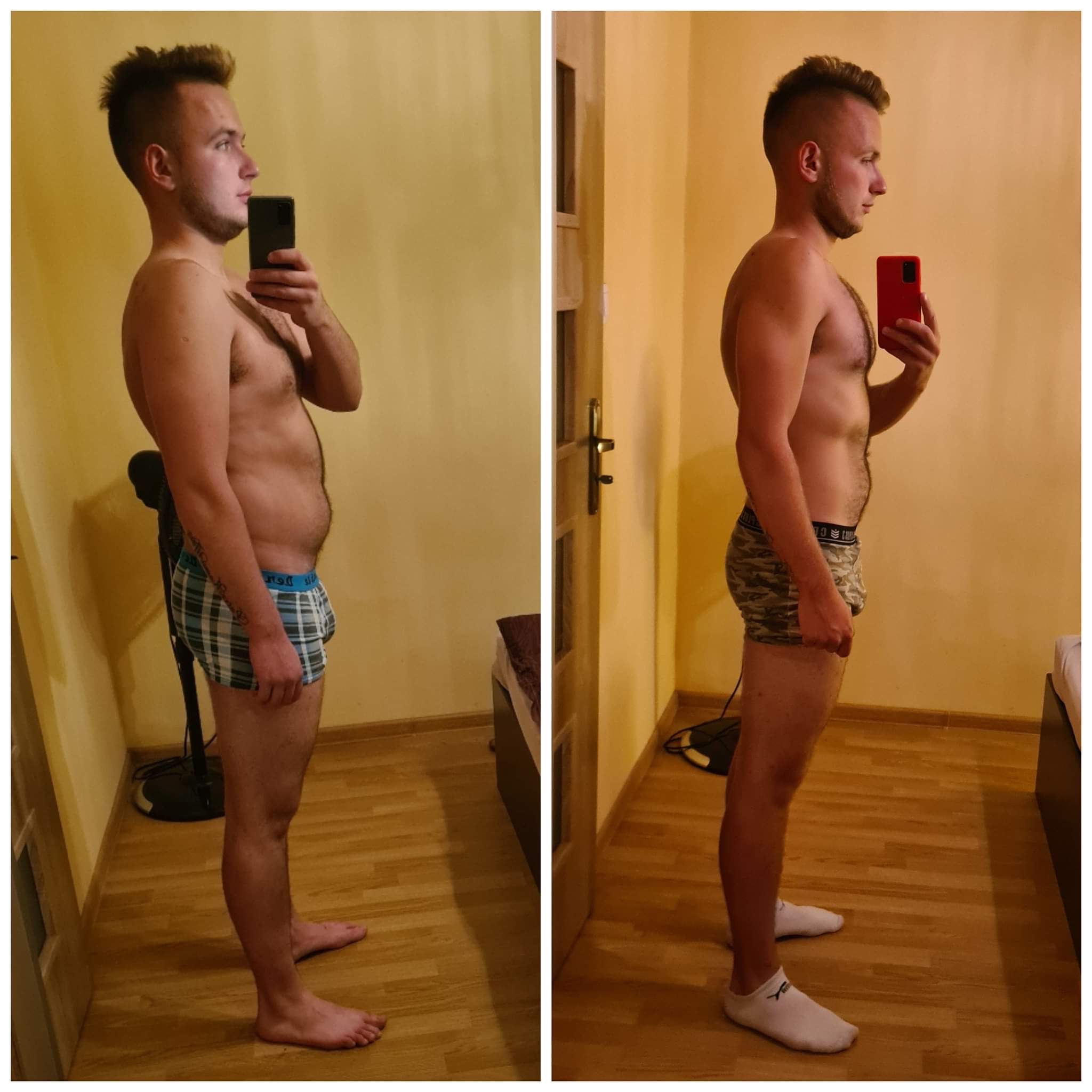 Mężczyzna fotografuje swoją sylwetkę bokiem przed i po zmianie, widoczne różnice w postawie i muskulaturze.