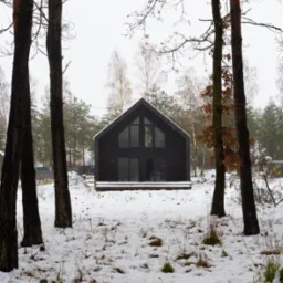Nowoczesny, czarny dom z dużymi oknami, widziany przez drzewa w zimowej scenerii z pokrywą śnieżną.