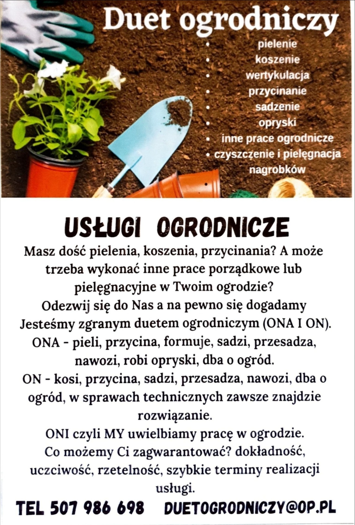 Reklama usług ogrodniczych: doniczka z zieloną rośliną, niebieska łopatka i brązowa ziemia w tle, oferta pielenia, koszenia, przycinania i innych prac.
