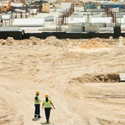 Dwóch pracowników w żółtych kaskach i odblaskowych kamizelkach idzie po piaszczystym terenie budowy, w tle widoczne zbrojenia, betonowe kręgi i budynki miejskie.