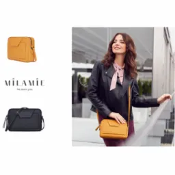 Kraków: Modelka prezentuje żółtą torebkę Milamie na tle nowoczesnej architektury, z logo firmy widocznym obok dwóch torebek na białym tle.