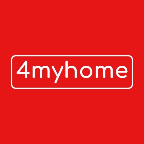 Logo firmy 4myhome.pl na czerwonym tle. Biały prostokąt z zaokrąglonymi rogami otacza nazwę firmy.
