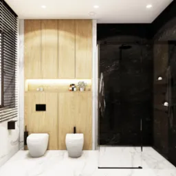 Nowoczesna łazienka z dwoma podwieszanymi toaletami, drewnianą zabudową meblową z oświetleniem LED i kabiną prysznicową typu walk-in wyłożoną czarnym marmurem.