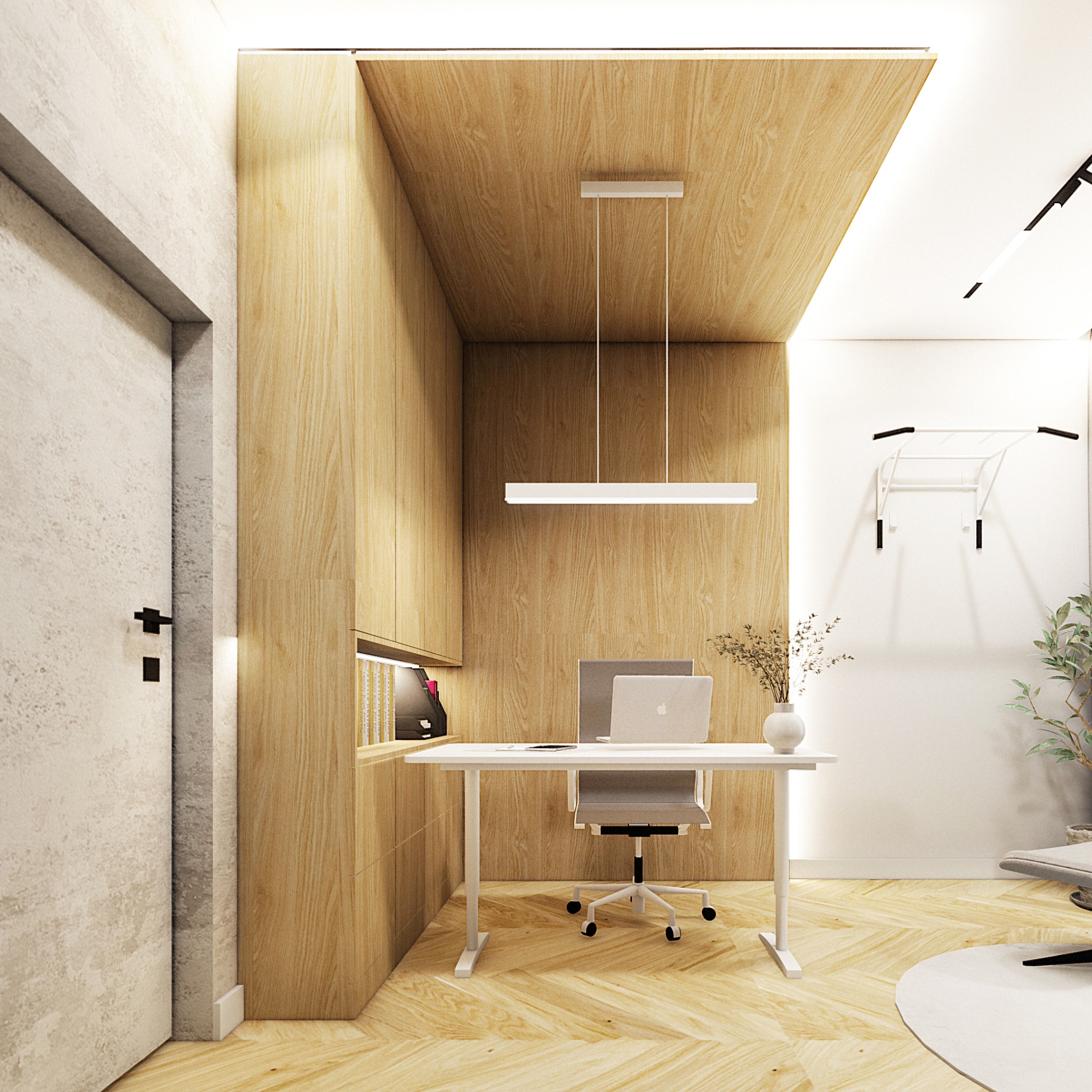 Wizualizacja biura domowego z drewnianą zabudową, białym biurkiem, krzesłem biurowym na kółkach, laptopem i minimalistycznym oświetleniem LED, uzupełniona o drążek do ćwiczeń na ścianie i rośliny...