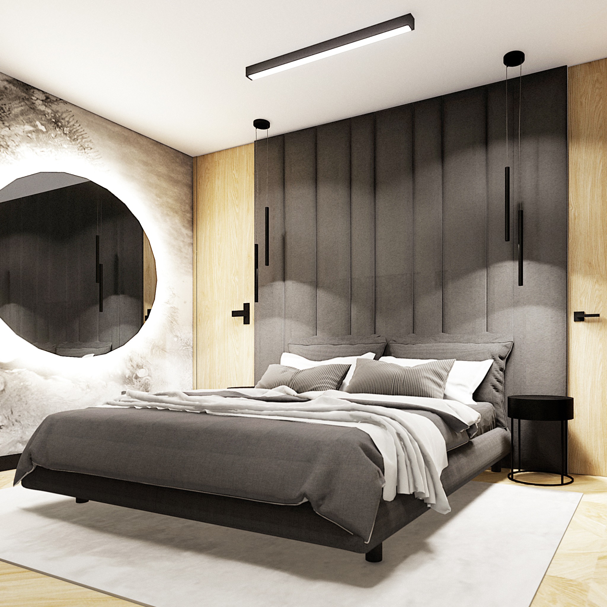 Nowoczesna sypialnia z łóżkiem w odcieniach szarości, okrągłym lustrem z podświetleniem i minimalistycznym oświetleniem punktowym.