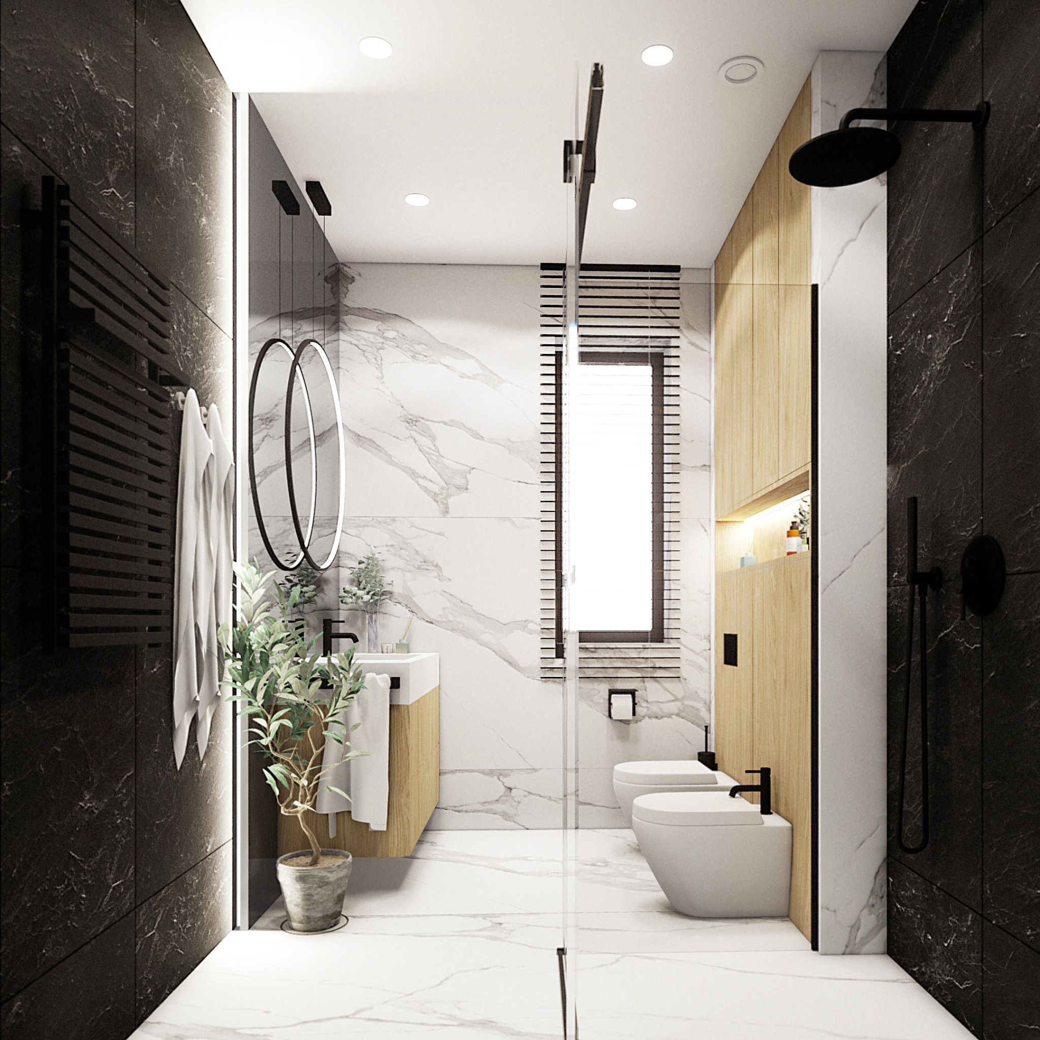 Nowoczesna łazienka z marmurowymi ścianami, podwójnym okrągłym lustrem, drewnianą szafką z umywalką, wiszącą toaletą i bidetem oraz czarnym grzejnikiem drabinkowym.