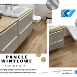 Jasne panele podłogowe w łazience z umywalką na szafce z szufladami i toaletą, fragment reklamy producenta paneli winylowych.