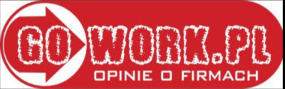 Czerwone logo GoWork.pl z białym napisem i strzałką, hasło 'Opinie o firmach' poniżej.