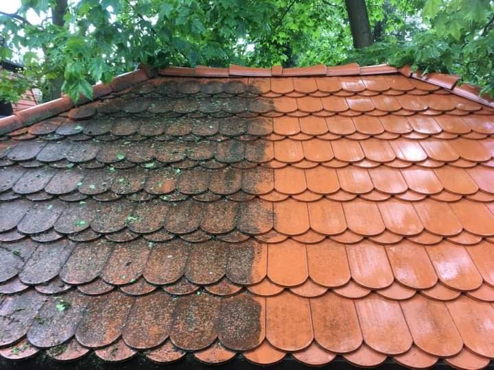 Częściowo wyczyszczony dach pokryty dachówką ceramiczną typu karpiówka, widoczna różnica między brudną a umytą powierzchnią, zieleń drzew w tle.