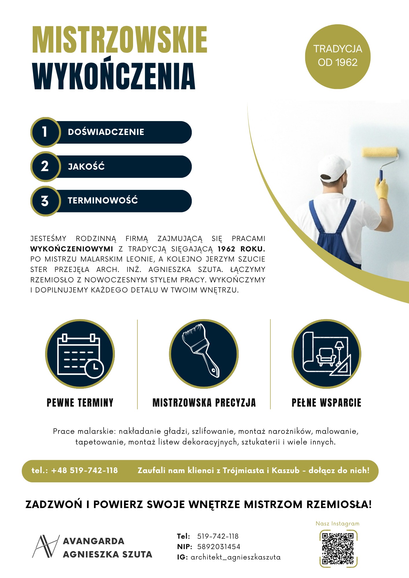 Grafika reklamowa firmy malarskiej: malarz z wałkiem, logo Avangarda Agnieszka Szuta, hasła 'Mistrzowskie Wykończenia', 'Doświadczenie, Jakość, Terminowość'.