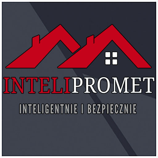 Logo firmy 'InteliPromet' z dwoma czerwonymi dachami i hasłem 'Inteligentnie i bezpiecznie' na szarym tle.